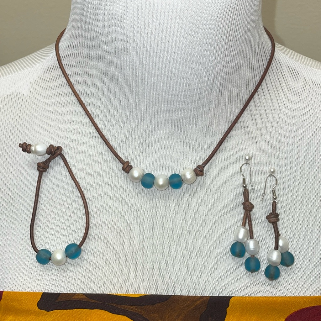 Freshwater Pearls, Blue Sea Glass, & Leather Necklace, Bracelet & Earring